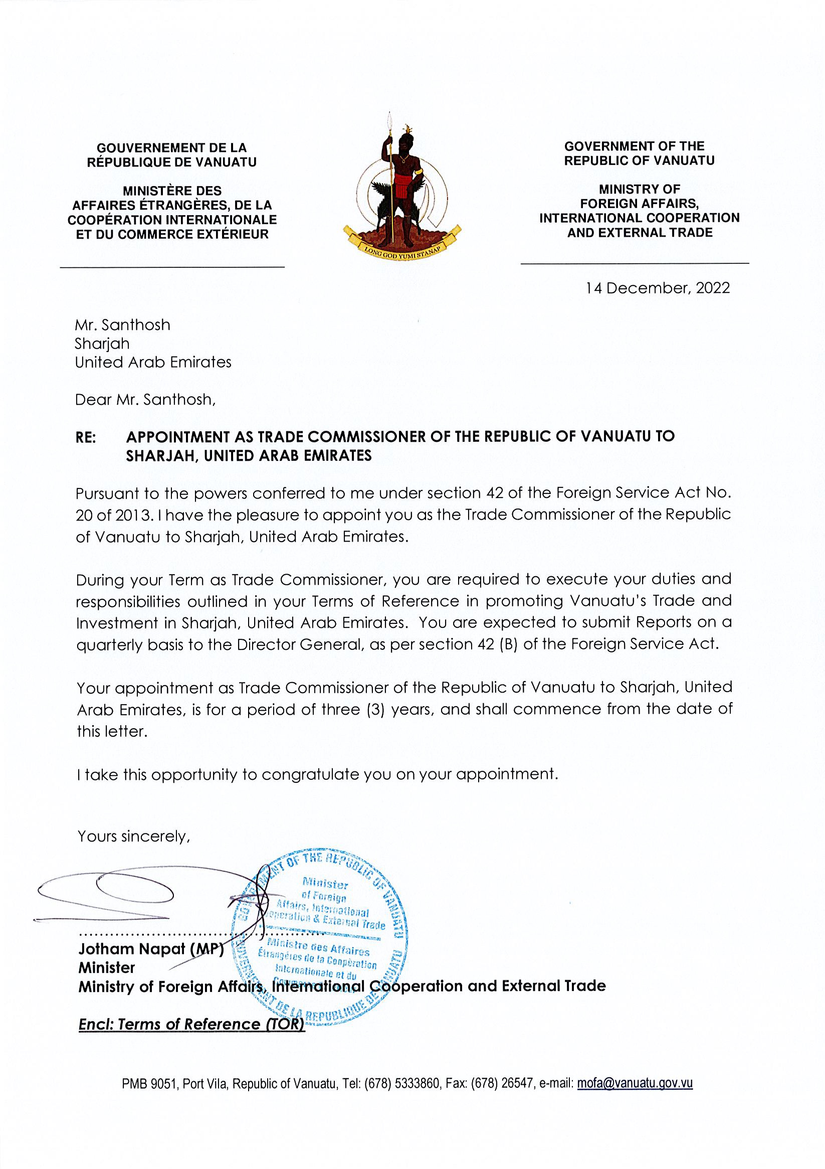 Letter of Trade Commissioner UAE
